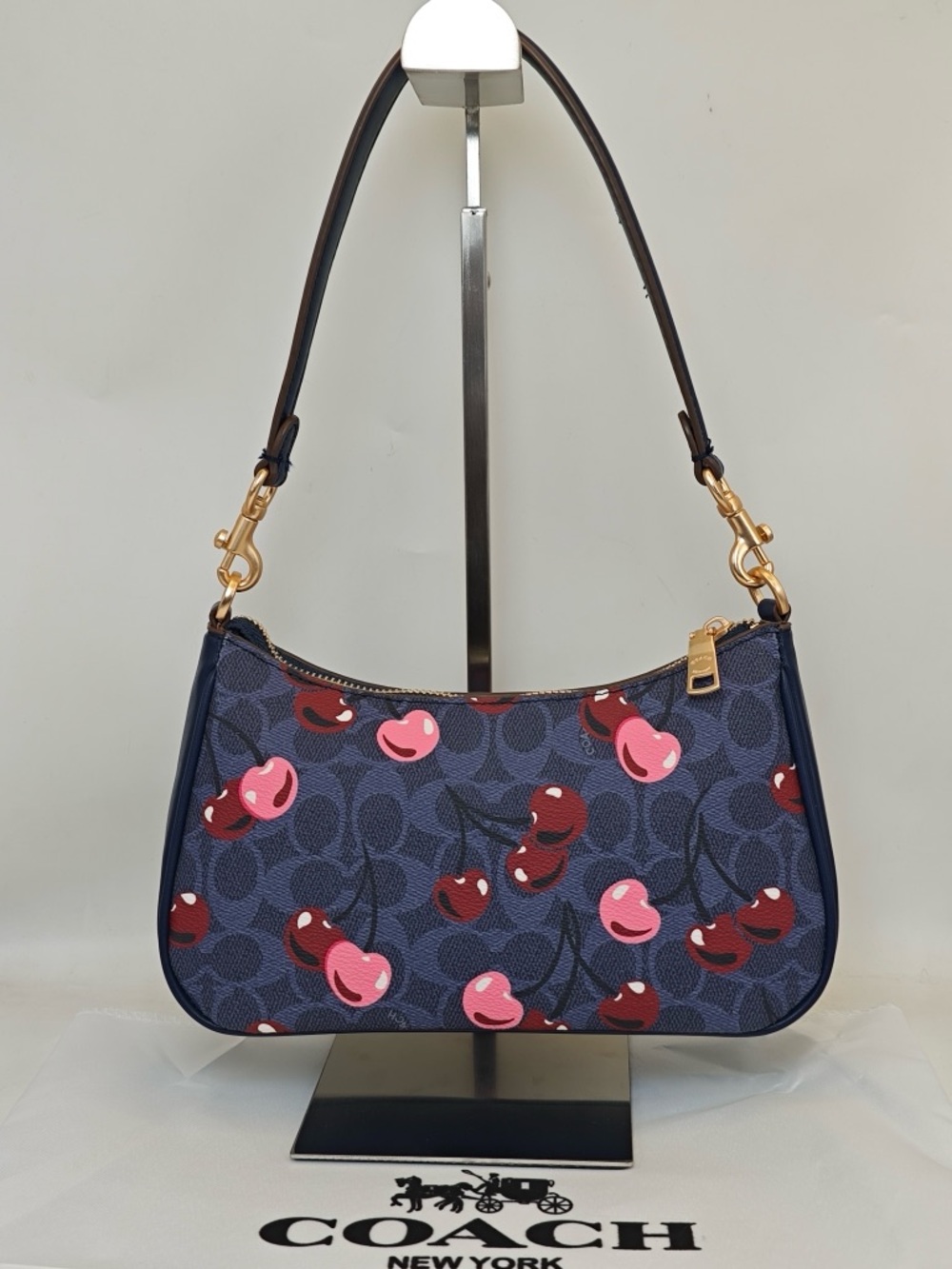 Coach Navy Cherry Print Shoulder Bag with Pink & Red Accents - Picture 3 of 12